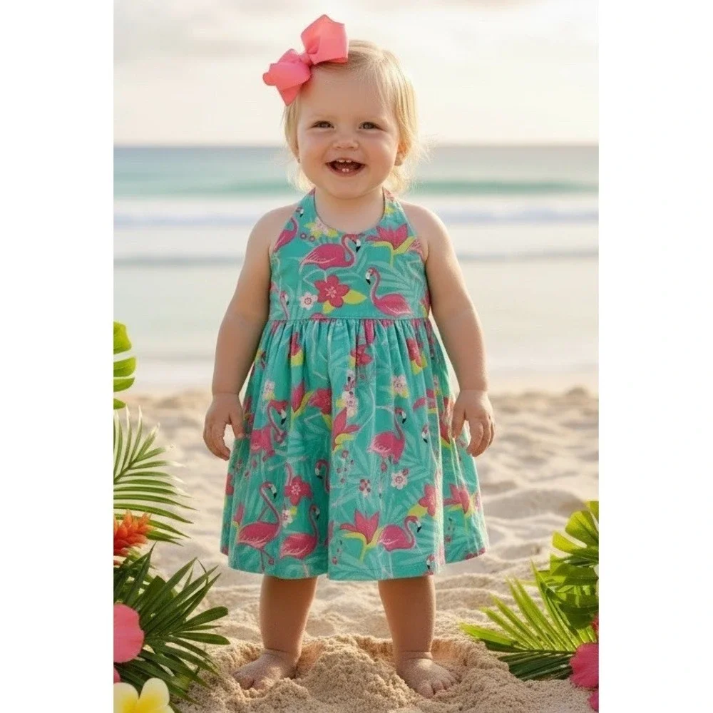Gymboree Girls 9 12 Months Beautiful Tropical Green Flamingo Halter Dress 9m 12m